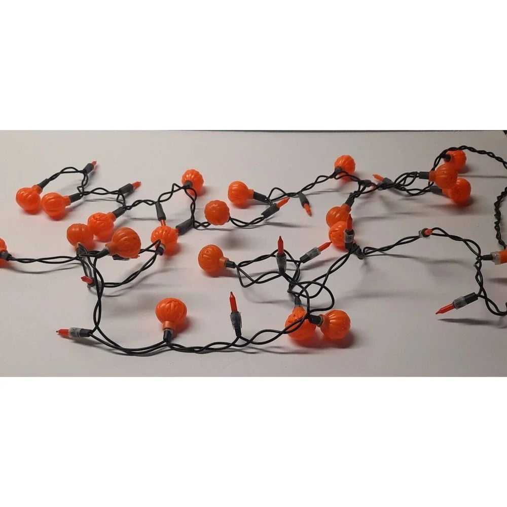 Vtg Halloween Pumpkin Jack O Lantern String Lights Orange Black Wire 20 Count
